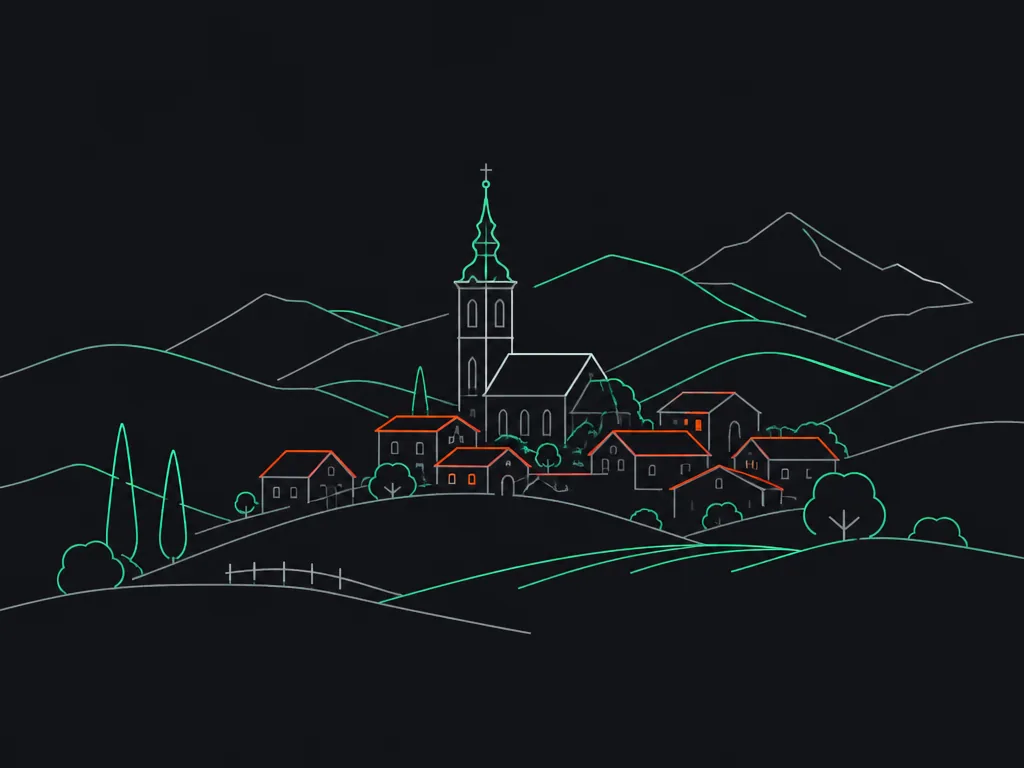 Ilustracija: silhueta Moravč z zvonikom in griči